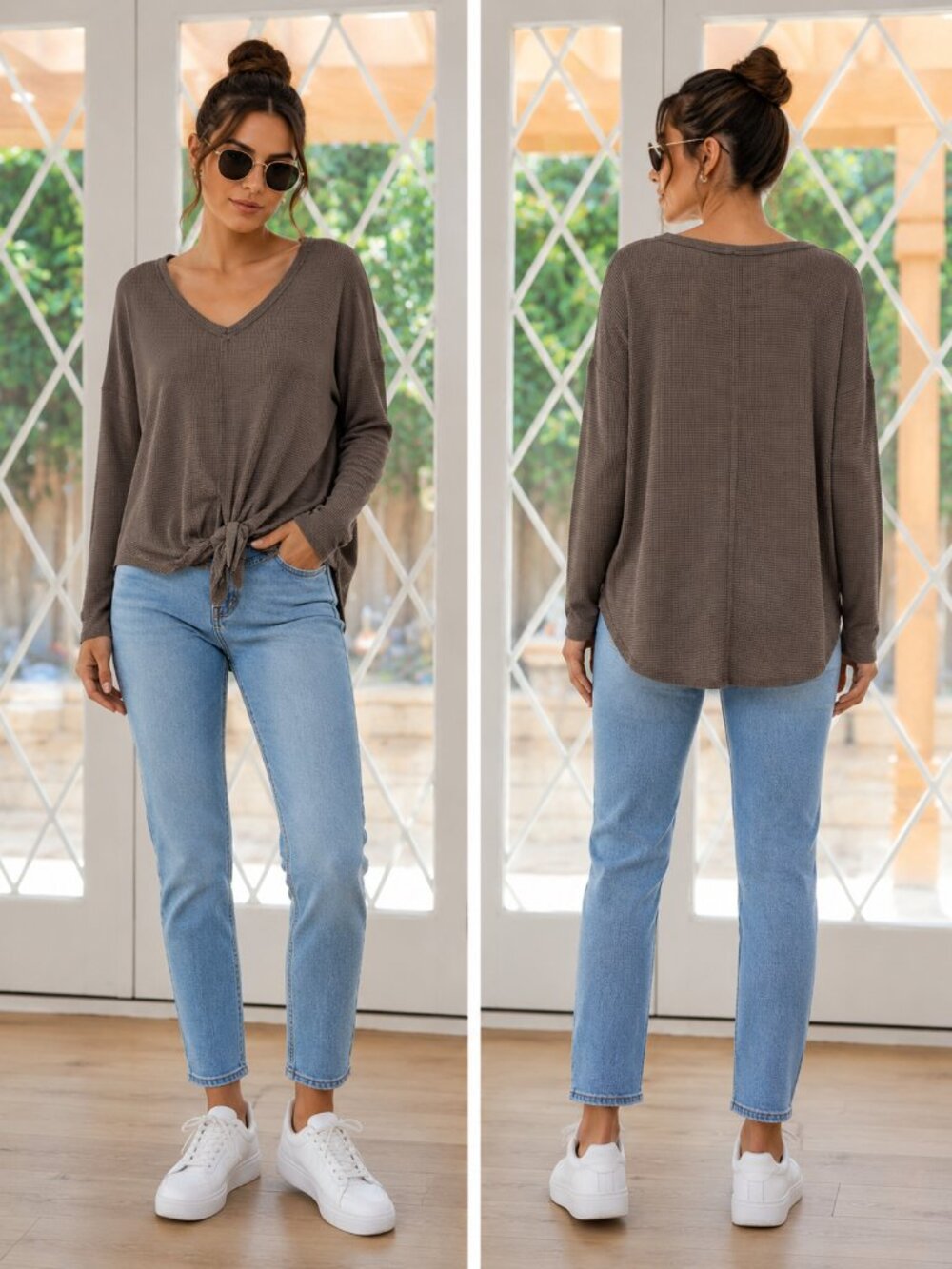 🤎 Joy Lab Taupe Waffle Knit Tie Front Top | Size M 🤎